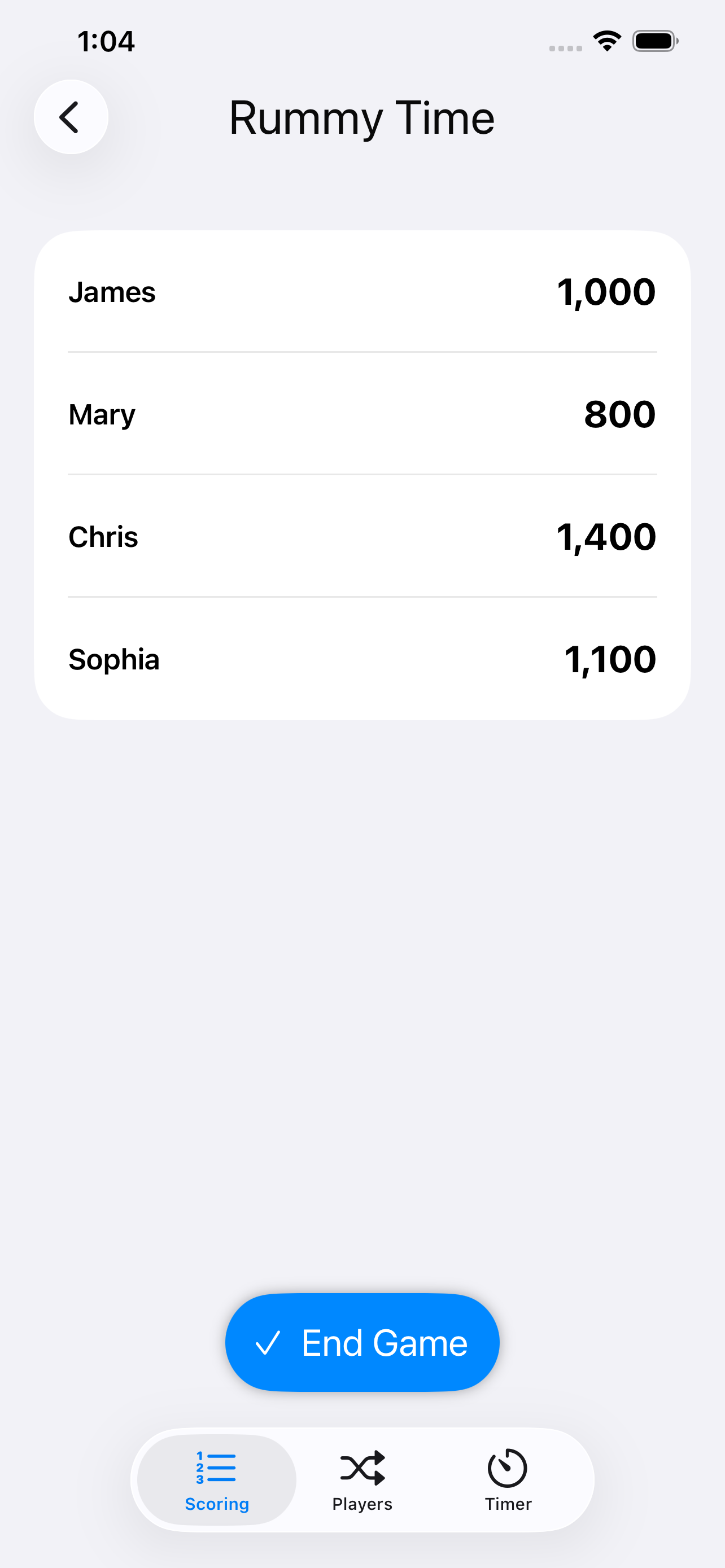 Orchem score tracking screen